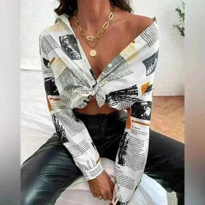 Newspaper All over Print Slogan Collared Button Front Drop Shoulder Blouse, L